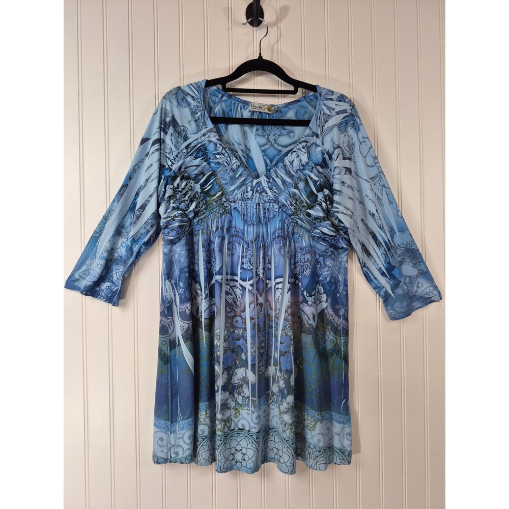 Unity World Wear Blue Floral Paisley Smocked Empire Waist Tunic Top Large Flowy